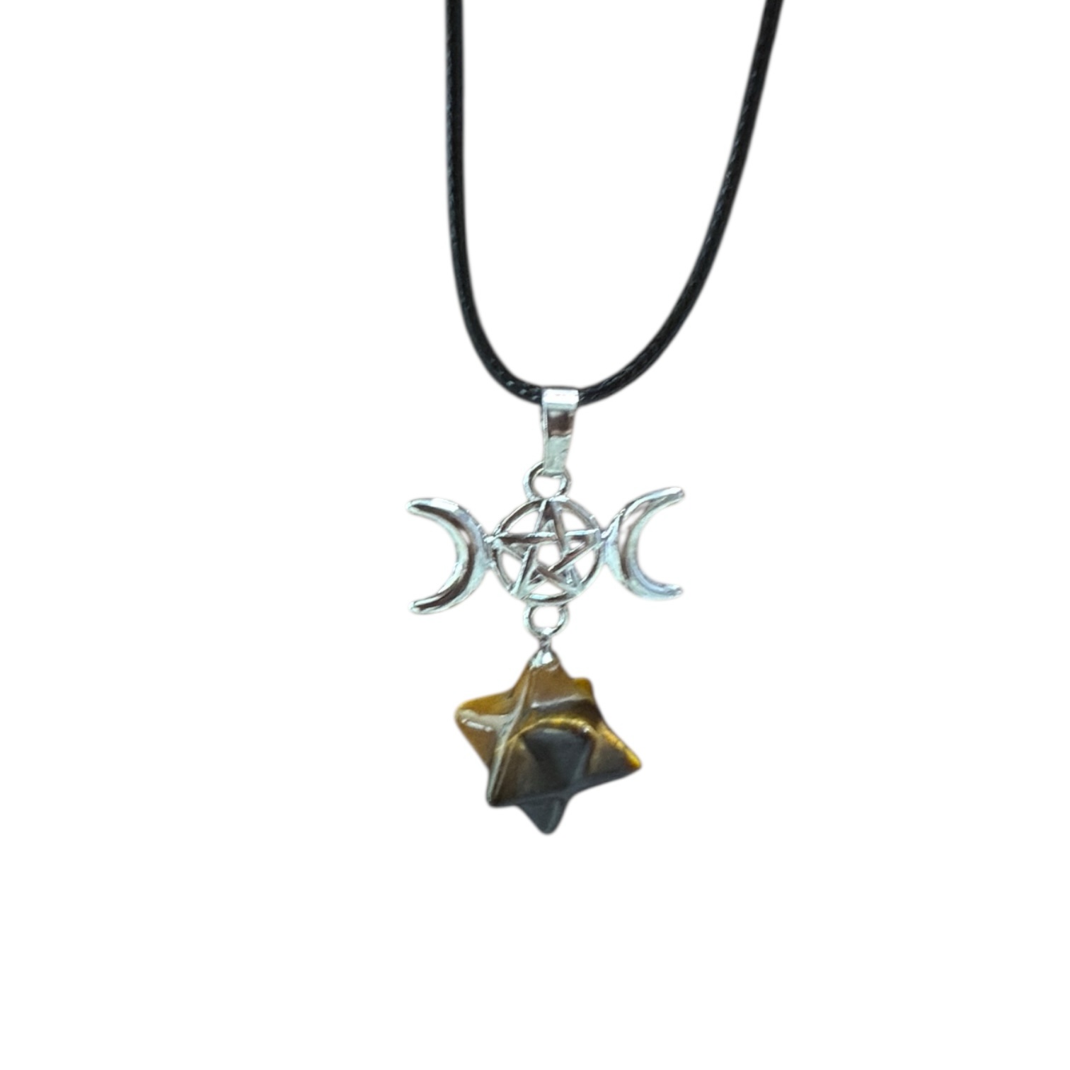 Merkaba triple luna con pentagrama ojo de tigre